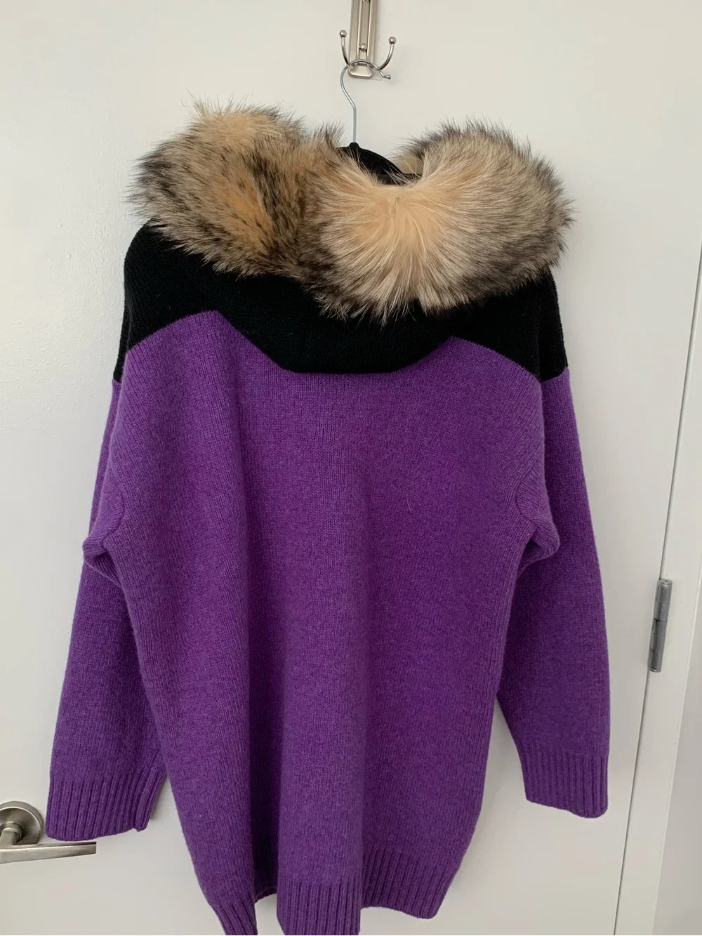 Prada virgin wool zip up cardigan coat fox fur hood amethyst NWT